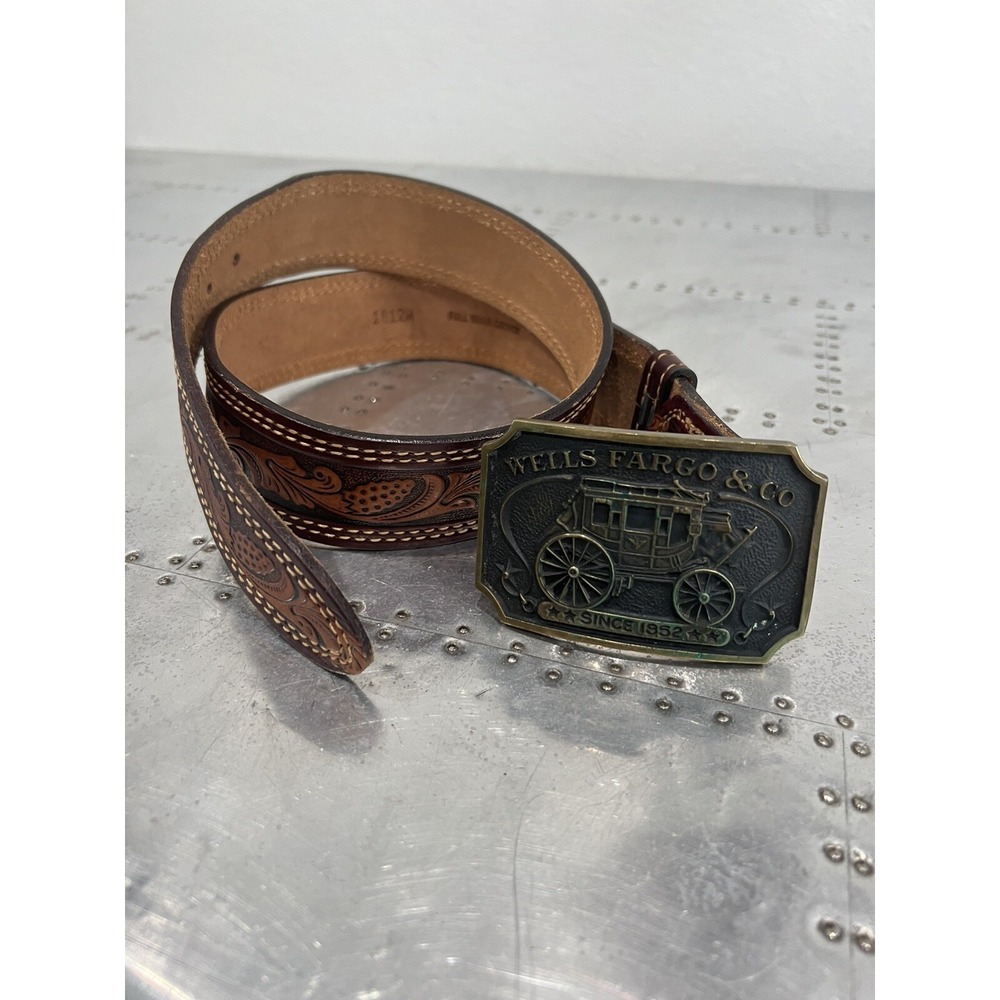 Wells Fargo & Co Solid Brass 1973 3.5" Belt Buckle With Leather 34 Belt